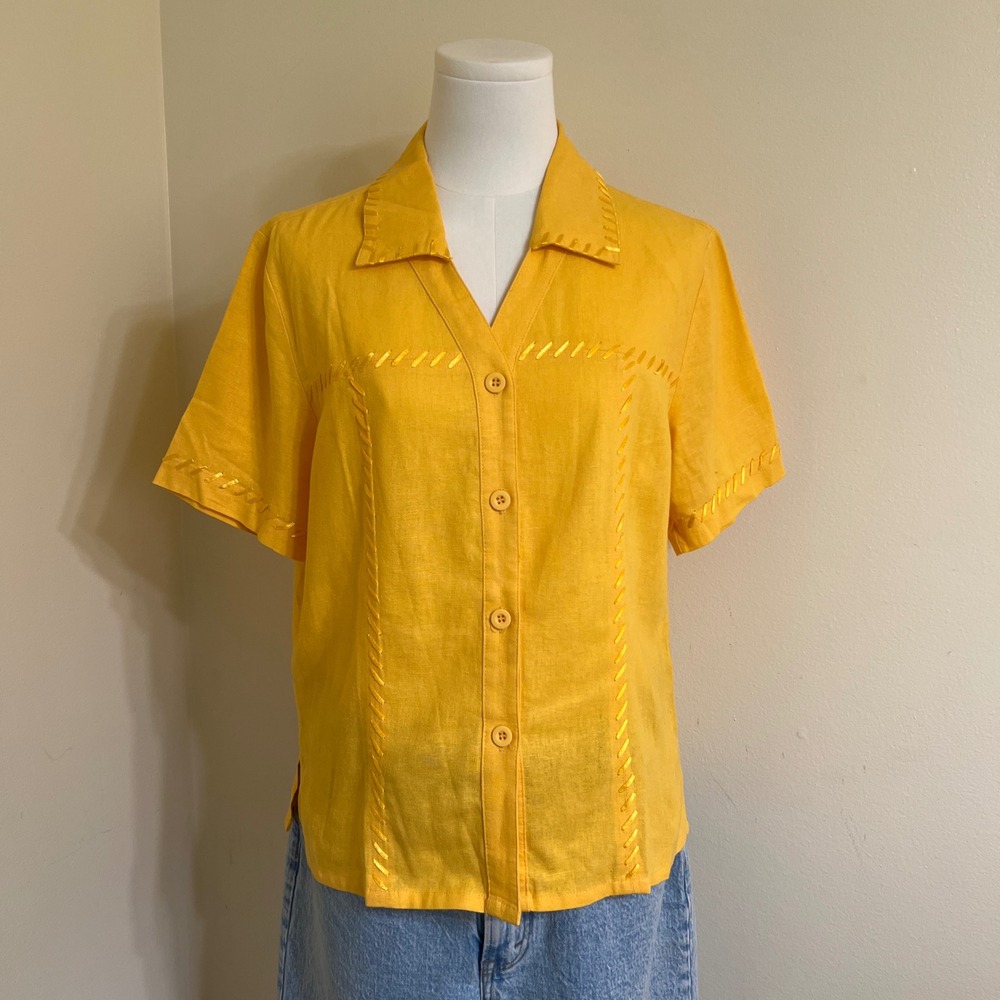 Yellow Linen Blend Ribbon Embroidered Short Sleeve Button Down Shirt
